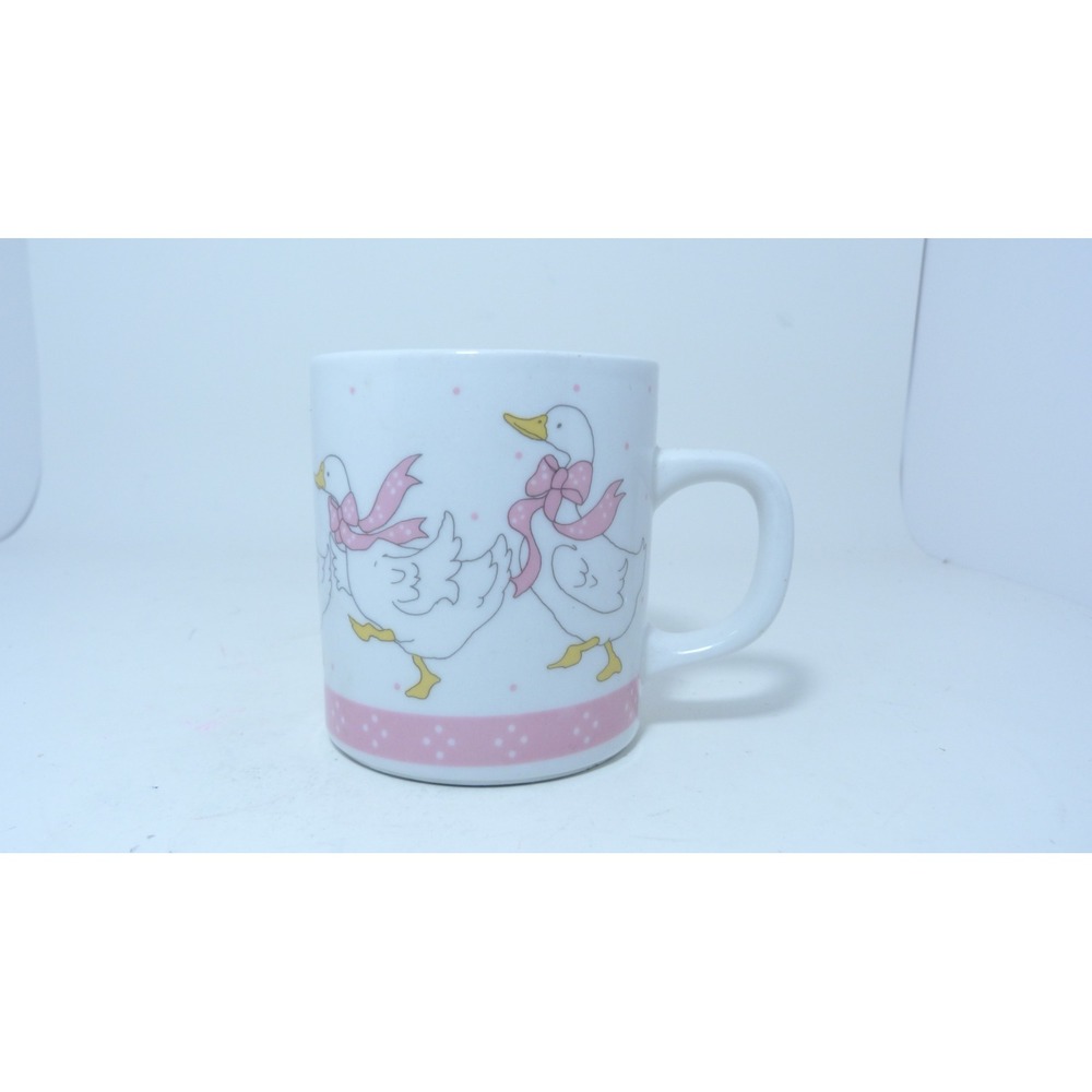 Vintage Style White Duck with Pink Bows Ceramic Coffee Mug Polka Dot Wrap